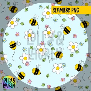 Busy Bees on Blue Seamless Pattern, Floral Fabric Design, Summer Digital Paper, Spring Digital Pattern, Seamless PNG, Digital Download