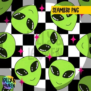 May include: A seamless pattern featuring green alien faces with sparkling eyes on a black and white chequered background. The text "SEAMLESS PNG" is in the top right corner of the image.