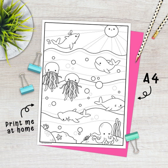 Printable Kawaii Sea Life Colouring Sheet  Digital Download