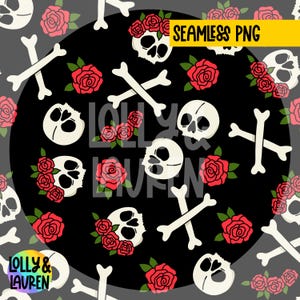 以下が含まれることがあります： 黒い背景に、赤いバラと交差した白い骨を持つ白い頭蓋骨が描かれたシームレスパターン。画像の右上に「SEAMLESS PNG」というテキストが表示されています。