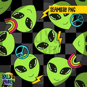 May include: A seamless pattern featuring green alien faces with sparkling eyes and smiling mouths. The aliens are surrounded by colourful elements like rainbows, peace signs, and lightning bolts. The background is a black and white chequered pattern.