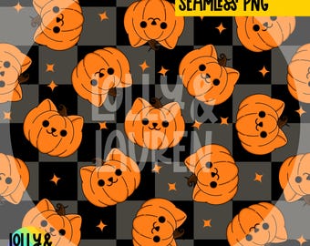 Cat Pumpkins On Black Checkerboard Seamless Pattern, Fabric Design, Animal Digital Pattern, Repeat Pattern, Seamless PNG, Digital Download