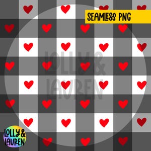 May include: A seamless digital paper pattern featuring red hearts on a black and white buffalo plaid background. The text "SEAMLESS PNG" is visible in the top right corner of the image.
