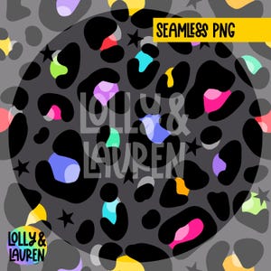 May include: A seamless pattern featuring black leopard spots with colourful accents. The spots are filled with bright colours like pink, blue, yellow, and green. The background is black. The text "Lolly & Lauren" appears twice in the image.