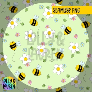 Busy Bees on Green Seamless Pattern, Floral Fabric Design, Summer Digital Paper, Spring Digital Pattern, Seamless PNG, Digital Download