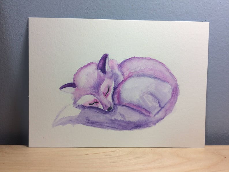 Sleeping Fox Watercolor Painting in blue Perfect Valentine/'s Day gift! or green--perfect for a nursery or children/'s room purple