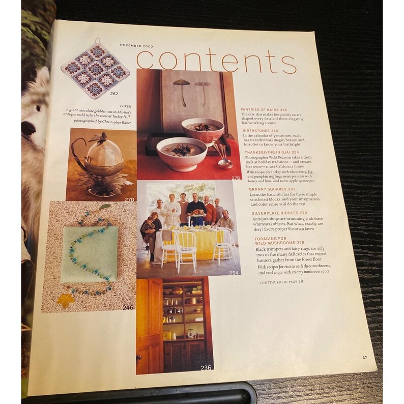 May include: A magazine page with the title "contents" and several images. One image shows a crocheted square, another shows two bowls of soup, and a third features a group of people around a table. Text includes "Thanksgiving in Ojai" and "Granny Squares".