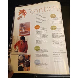 May include: A magazine page with the title "contents" and various articles. The page features sections on cooking, gardening, crafts, and home decor. Images include a woman, food, and cookware.