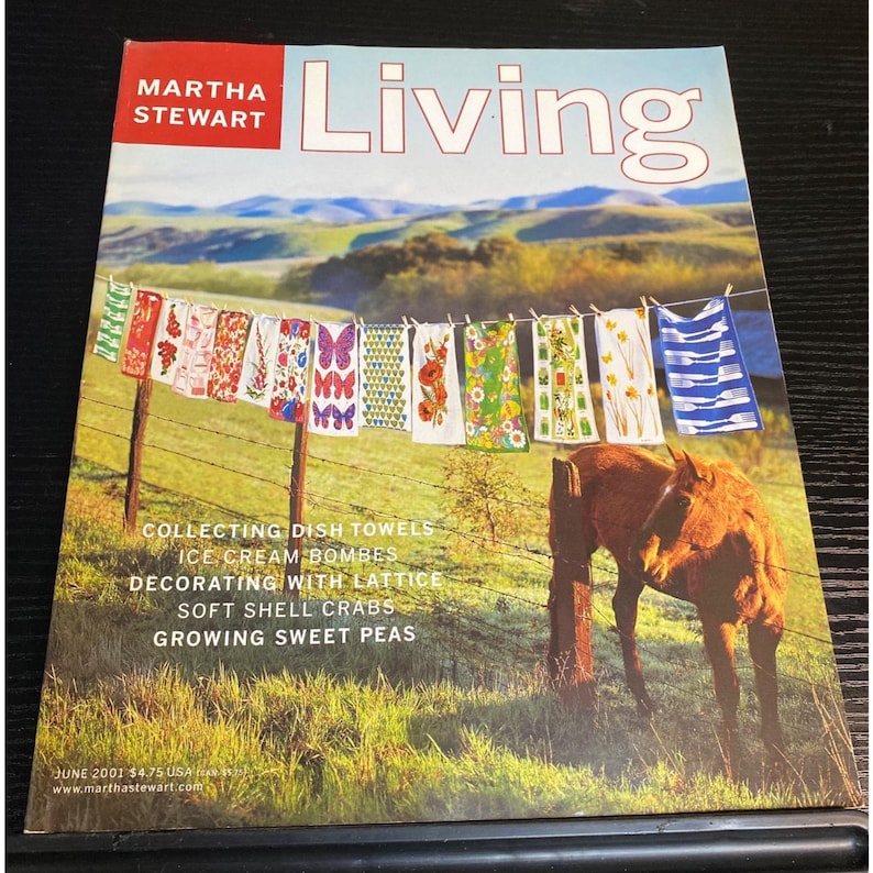 May include: A magazine cover for Martha Stewart Living. The cover features a scenic outdoor shot with dish towels hanging on a clothesline. The magazine's title is "Living". The cover also includes text about the magazine's content.