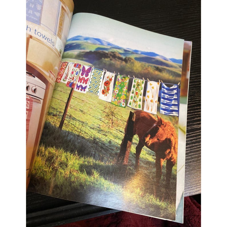 May include: A magazine page featuring a pastoral scene with a clothesline of colorful, patterned towels. The towels are decorated with floral, butterfly, and geometric designs. A brown horse grazes in a green field under a blue sky.