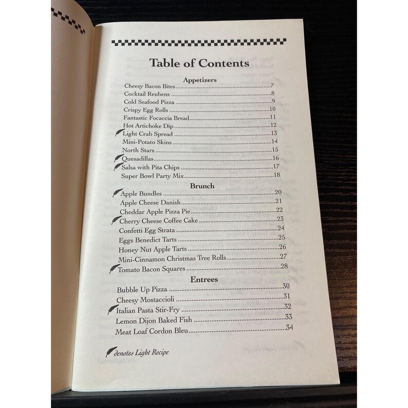 May include: Open book page with a black and white checkered border at the top. The page displays a "Table of Contents" with various recipes, including appetizers, brunch, and entrees. The text is in black font.