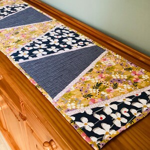 May include: A patchwork table runner with a vibrant design. It features sections of navy and white floral patterns, yellow floral patterns, and navy and white checkered patterns. The edges are trimmed with a pink and white patterned border.