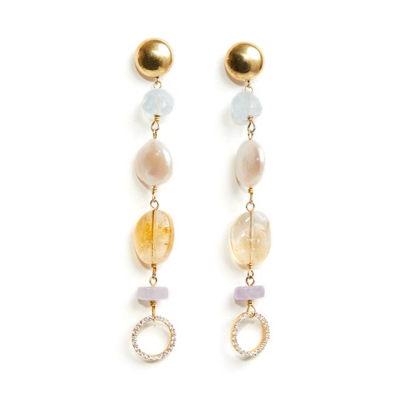 Multi Stone Earrings Gold Dangle Earrings Long Gemstone Drop | Etsy