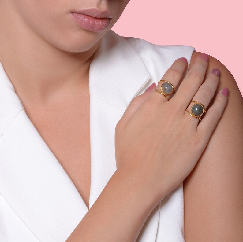 Labradorite Adjustable Ring Open Double Bar Gold Ring With Etsy
