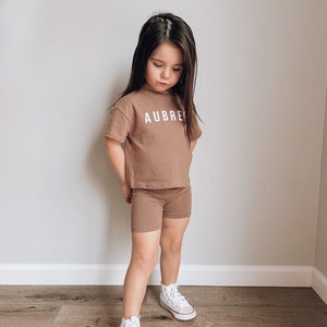 Custom Personalized Toddler Girls Biker Shorts Tee Tshirt Outfit Neutral Boho Spring Summer image 4