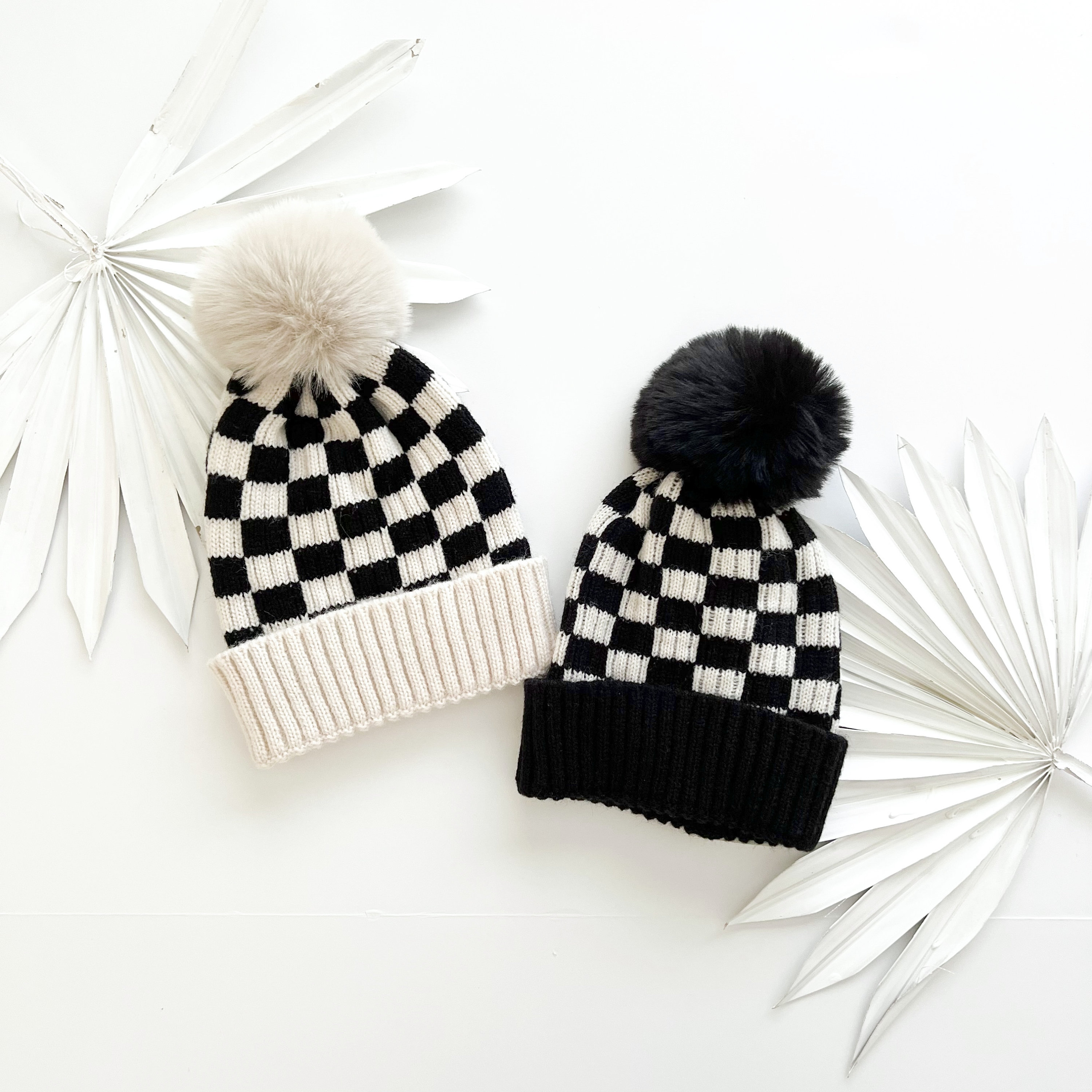 Black and Puff Beanie Hat Etsy Checkered - White Pom