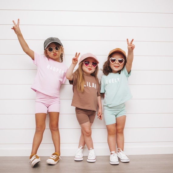 Custom Personalized Toddler Girls Biker Shorts Tee Tshirt Outfit Neutral  Boho Spring Summer 