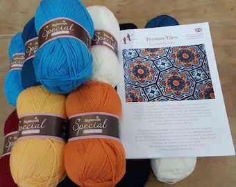 Persian Tiles Complete Crochet Kit, Original Blue Blanket Designed