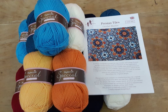 Persian Tiles Complete Crochet Kit, Original Blue Blanket Designed
