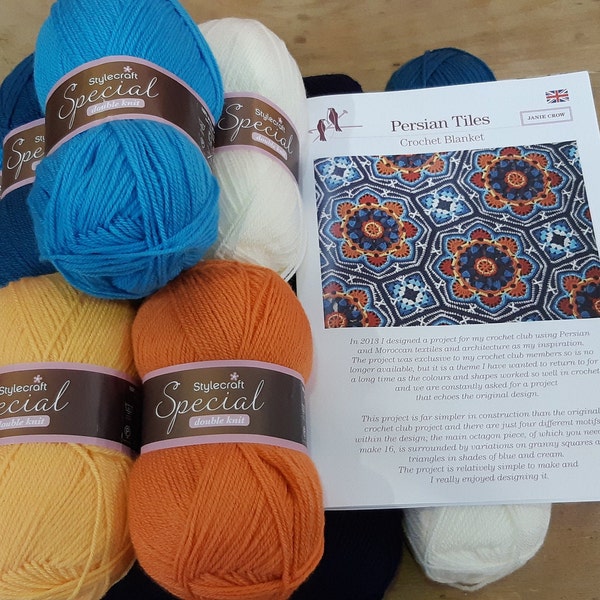 Persian Tiles complete crochet kit, Original blue blanket designed by Janie Crow in wonderful Stylecraft Special DK