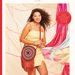 May include: A woman wearing a yellow dress and a red crocheted bag with a fringe. The bag has a red, white and blue circular pattern. The text "STORIES DOUBLE KNITTING" is on the bottom of the image.