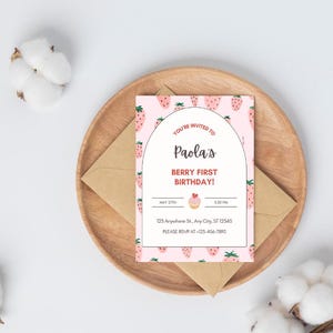 Strawberry Birthday Invitation | Pink & White Theme | Editable Template | Berry First Birthday | 5x7 Digital Download | Girl Party Invite