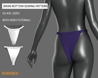 May include: A sewing pattern for a bikini bottom, with a video tutorial. The pattern is reversible and comes in sizes XS-XXL. The pattern is printed on A4 paper.