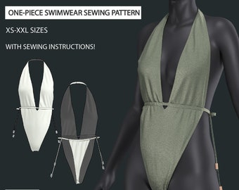 Może przedstawiać: Wzór szycia jednoczęściowego kostiumu kąpielowego w rozmiarach XS-XXL. Wzór zawiera instrukcje szycia i jest dostępny w formacie PDF. Wzór pokazano w dwóch wariantach kolorystycznych: białym i czarnym.