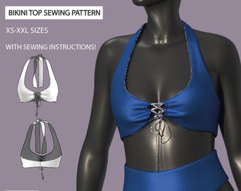 May include: A digital illustration of a bikini top sewing pattern with instructions. The pattern is for sizes XS-XXL. The image shows a blue bikini top with white trim and a white lace-up detail in the front. The text "CANDY" and "PDF - A4, US LETTER" is also included in the image.
