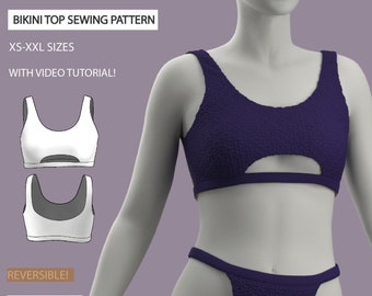 May include: A sewing pattern for a reversible bikini top with a cut-out detail. The pattern includes sizes XS-XXL and comes with a video tutorial. The pattern is available in PDF format and is printed on A4 or US Letter size paper.  -PEEK-A-BOO-