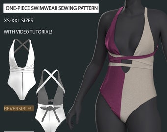 Może przedstawiać: Wzór szycia do jednoczęściowego kostiumu kąpielowego z odwracalnym wzorem. Wzór zawiera rozmiary XS-XXL i samouczek wideo. Wzór jest dostępny w formacie PDF i jest drukowany na papierze A4.