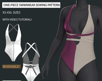 Sewing Women’s swimsuit pattern with DIY | One Piece Swimsuit Reversible with video tutorial | Digital PDF Bikini