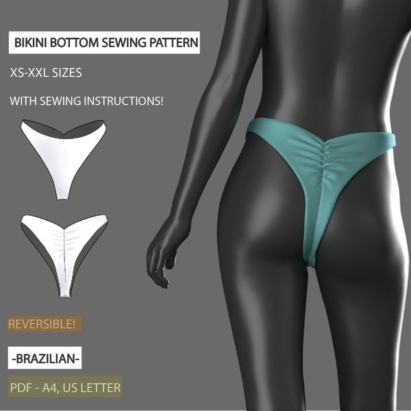 Reversible Brazilian Women’s Bikini sewing pattern with crunchy bottom with diy| pdf sewing pattern | US 2-16, EU 36-48