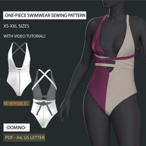 Op de afbeelding: Een naaipatroon voor een badpak met een omkeerbaar ontwerp. Het patroon omvat de maten XS-XXL en een videozelfstudie. Het patroon is beschikbaar in PDF-formaat en wordt afgedrukt op A4-papier.
