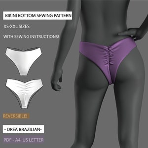 May include: Sewing pattern for a reversible bikini bottom in white and purple. The pattern includes sizes XS-XXL and sewing instructions. The pattern is available in PDF format and is printed on A4 or US Letter size paper.  - DREA BRAZILIAN -