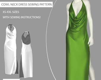 Cowl Neck Summer Dress Sewing Pattern | Open Back, Side Slit (PDF)