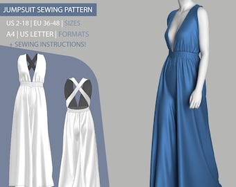 Summer Jumpsuit Sewing Pattern | Flared Palazzo Pants, Cross Back (Digital Download)