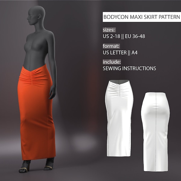 Bodycon long skirt sewing pattern | Pencil summer long stretch skirt digital pattern all sizes xs-xxl | {US 2-16, EU 36-48}