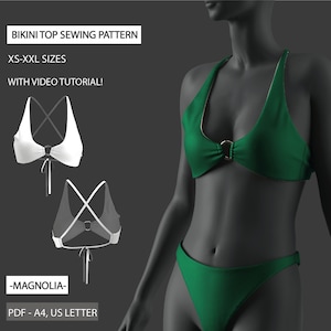 Bikini top Sewing Pattern with Video Tutorial | Sewing Bikini Top with adjustable straps | Women Sewing Pattern xs-xxl  (US 2-16, EU 36-48)
