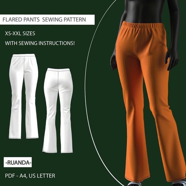 Flared Pants Sewing Pattern with instructions | Women’s High waisted Flared Pants | Women Sewing Pattern xs-xxl (US 2-16, EU 36-48)