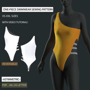 Asymmetric swimsuit digital sewing pattern | Cutout swimwear sewing pattern with video DIY | xs-xxl (US 2-16, EU 36-48)