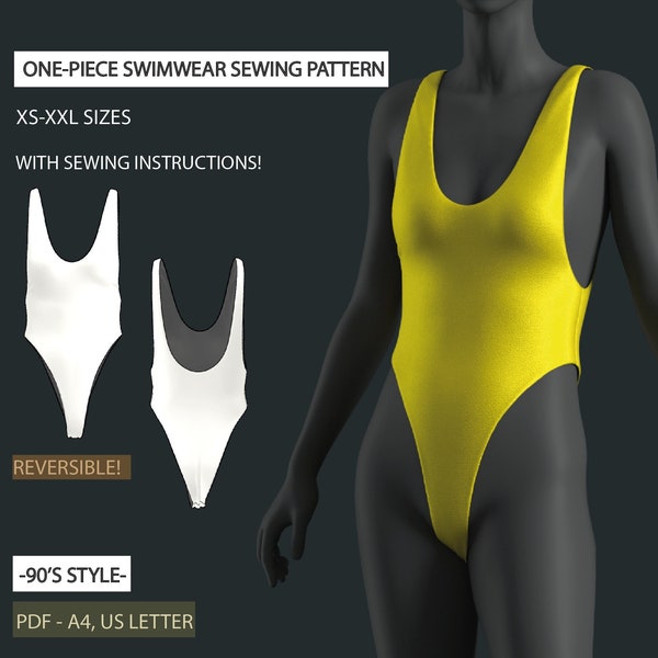 Patrón de costura de trajes de baño para mujer / Traje de baño reversible de una pieza de pierna alta estilo años 90 / Patrón digital en PDF (EE. UU. 2-16, UE 36-48)