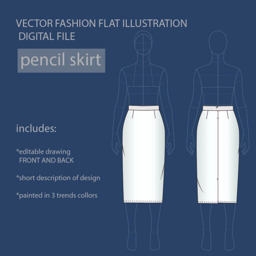Pencil Skirt Flat Technical Drawing Illustration Vector Midi Skirt Illustration Editable With Body Template Etsy