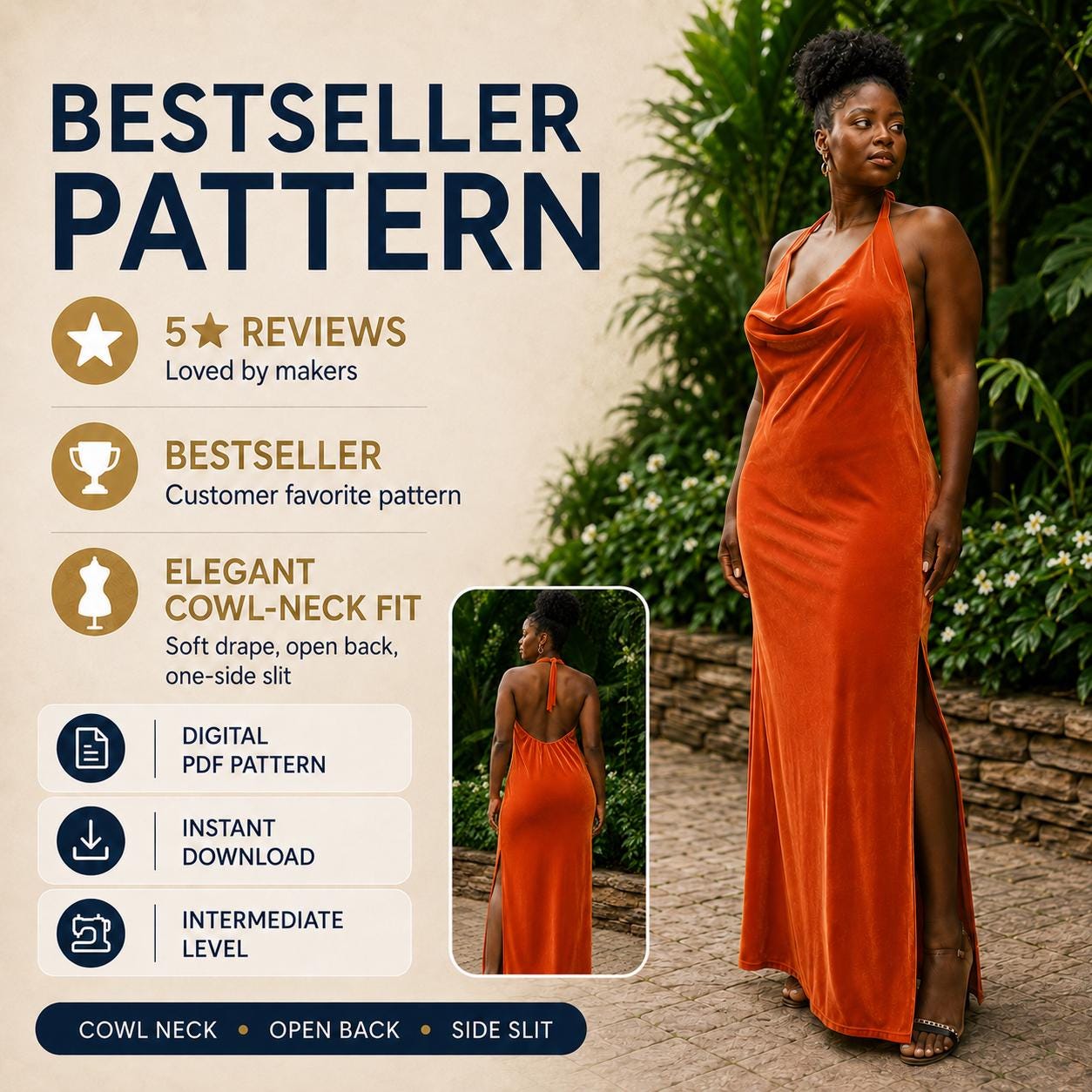 Cowl Neck Summer Dress Sewing Pattern | Open Back, Side Slit (PDF