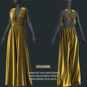 Pode incluir: Um macac&atilde;o dourado com um decote em V profundo e uma al&ccedil;a cruzada nas costas. O macac&atilde;o tem uma cintura el&aacute;stica e &eacute; feito de um tecido sedoso.