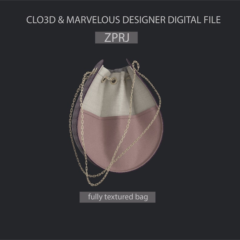 May include: A fully textured, round, drawstring bag with a gold chain strap. The bag is made of two different fabrics, one beige and one pink.