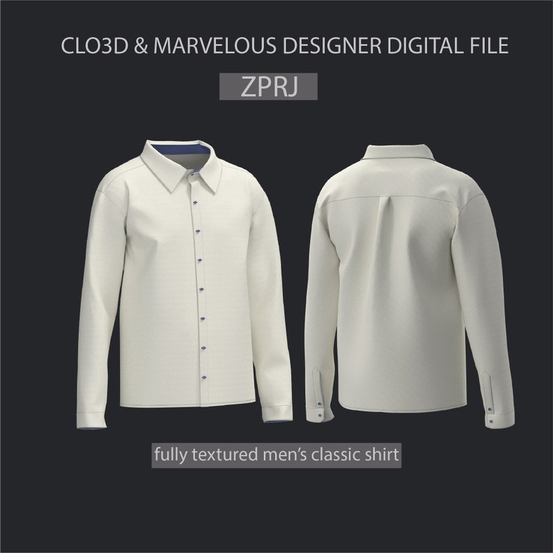 May include: A white long-sleeve shirt with a button-down collar and blue trim. The shirt is fully textured and shown from the front and back.