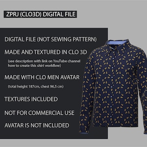 May include: A digital file of a blue long-sleeve shirt with a yellow triangle pattern. The shirt is textured and made for a 3D avatar. The file is not a sewing pattern. The avatar is not included. The file is made with Clo 3D software.