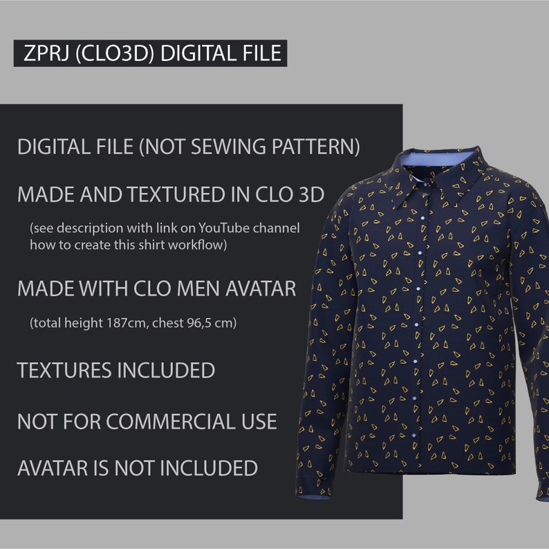 May include: A digital file of a blue long-sleeve shirt with a yellow triangle pattern. The shirt is textured and made for a 3D avatar. The file is not a sewing pattern. The avatar is not included. The file is made with Clo 3D software.