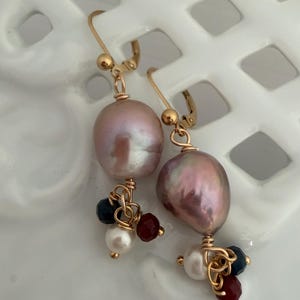 Mauve Pink Purple Edison, Akoya Pearl, Emerald, Ruby Earrings: 14mm L x 12mm W, 14k Gold Filled Lever Backs